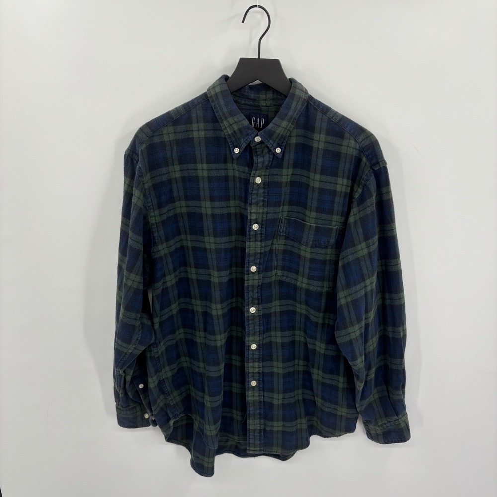 Gap Mens Plaid Flannel Shirt Large Blue Green Long Sleeve Button Down‎ Cotton
